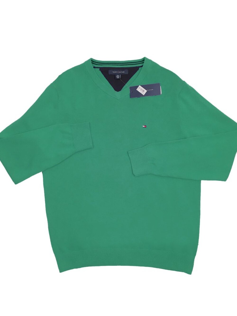 NEW Tommy Hilfiger Sweater! Green  V Neck  Tommy Flag on Chest  Cotton